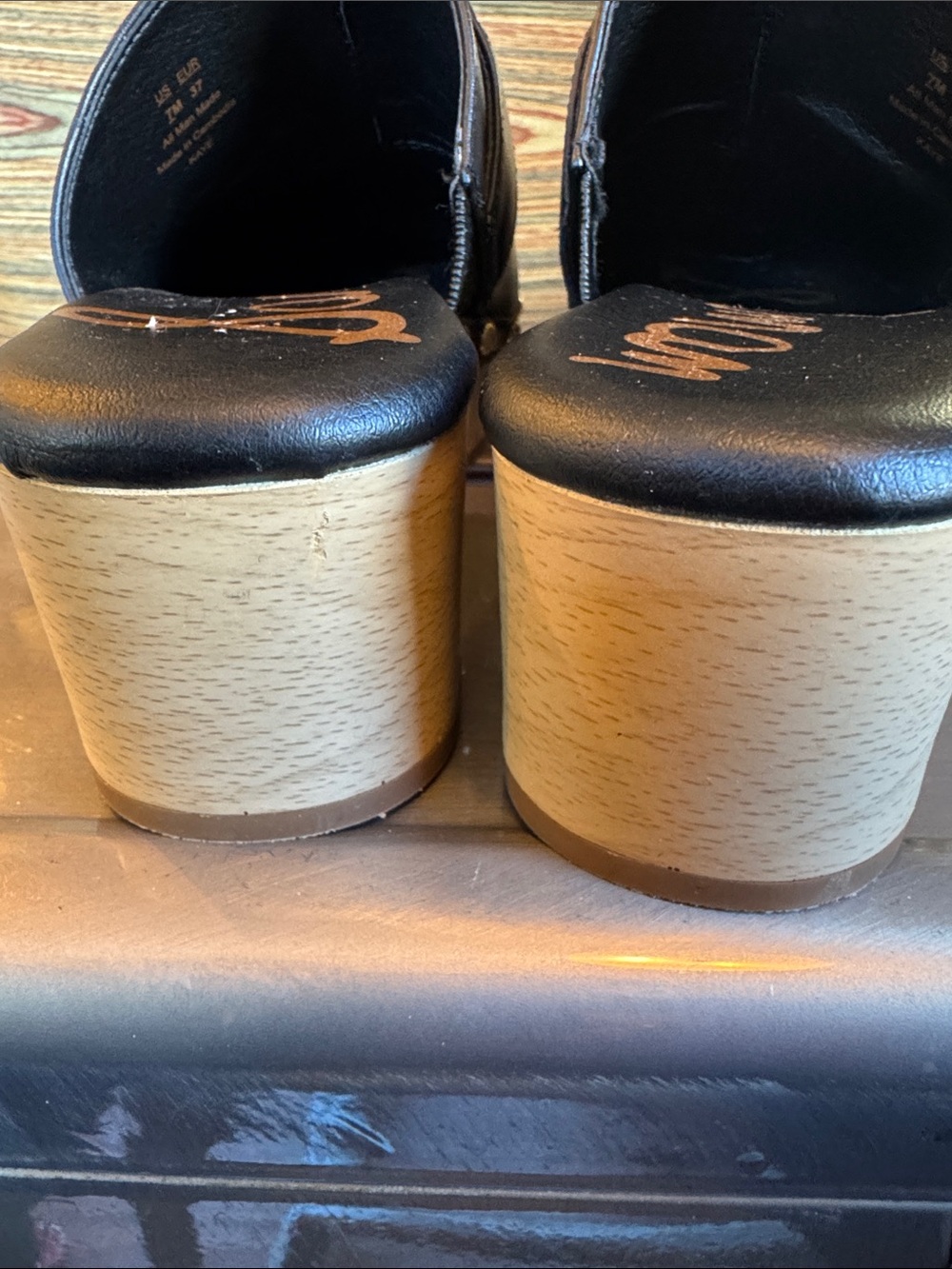 Sam Edelman Black Leather Slip-On Clogs with Gold Chain Accent - Picture 6 of 11
